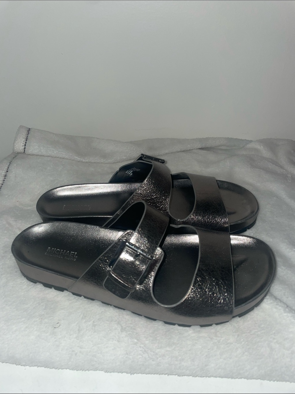 Michael Kors Metallic Pewter Double-Strap Buckle Slide Sandals
